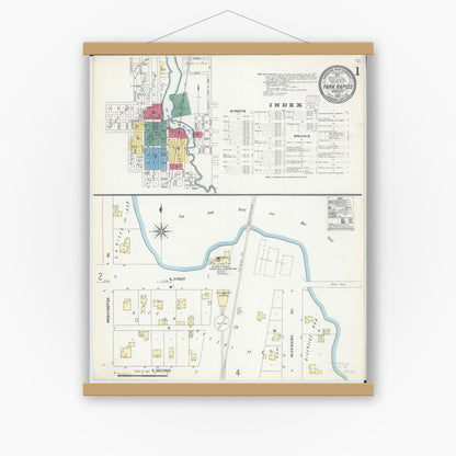 Old map wall art mockup — magnetic wood frame on white wall — Sanborn Fire Insurance Map from Park Rapids, Hubbard County, Minnesota (1907), Sheet #0001