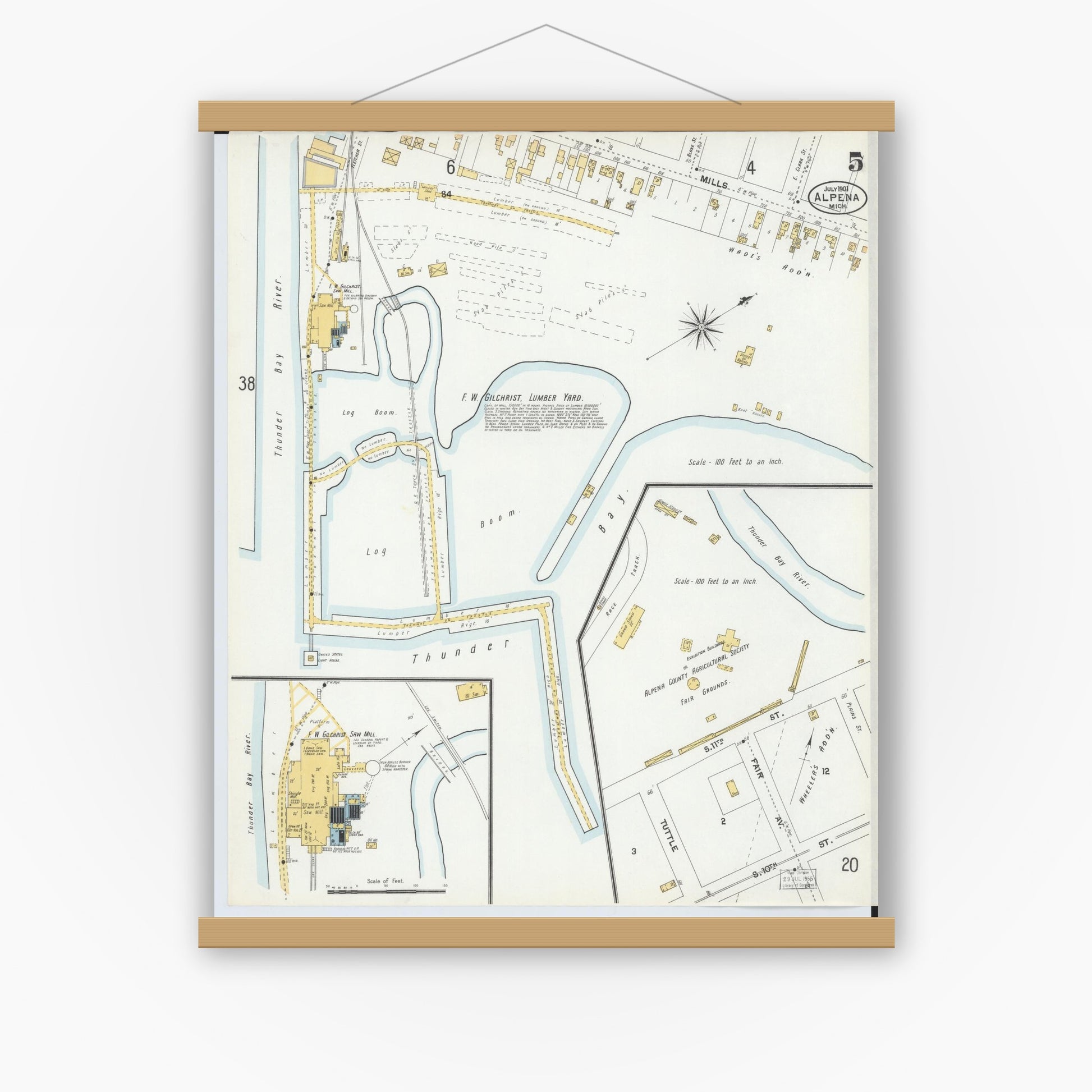 Old map wall art mockup — magnetic wood frame on white wall — Sanborn Fire Insurance Map from Alpena, Alpena County, Michigan (1901), Sheet #0005