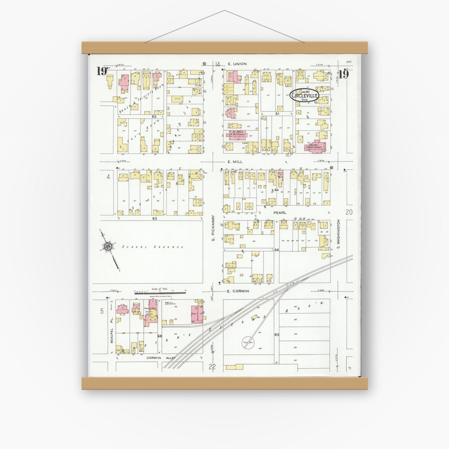 Old map wall art mockup — magnetic wood frame on white wall — Sanborn Fire Insurance Map from Circleville, Pickaway County, Ohio (1927), Sheet #0019