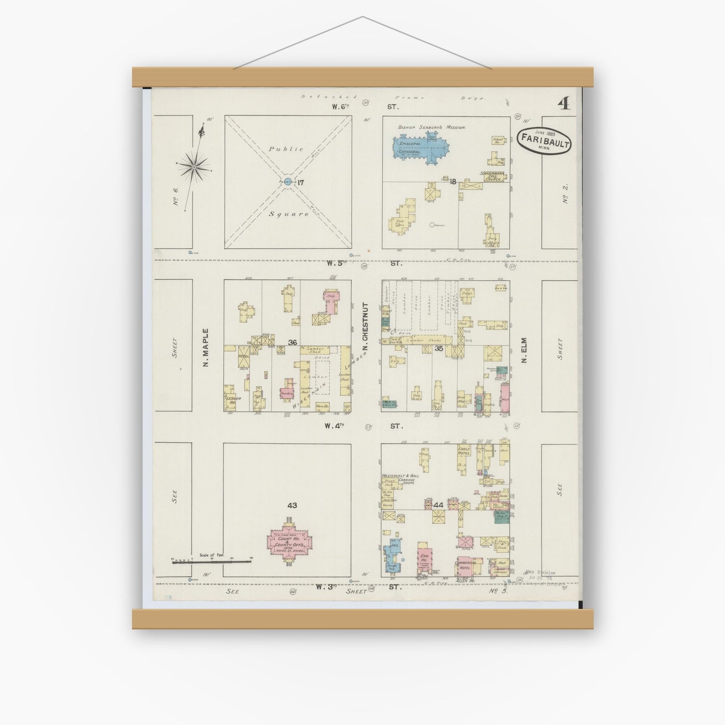 Old map wall art mockup — magnetic wood frame on white wall — Sanborn Fire Insurance Map from Faribault, Rice County, Minnesota (1889), Sheet #0004