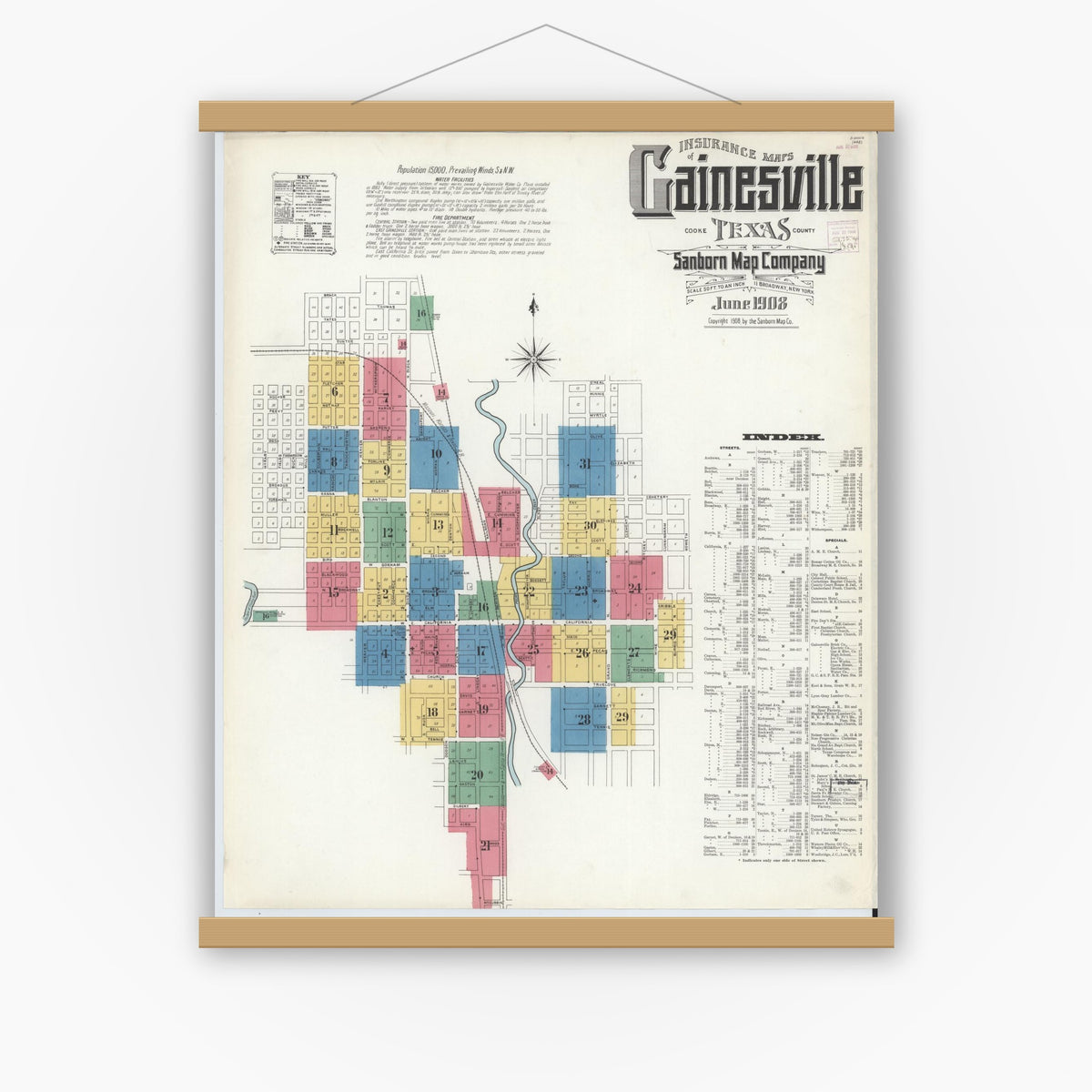 Old map wall art mockup — magnetic wood frame on white wall — Sanborn Fire Insurance Map from Gainesville, Cooke County, Texas (1908) - Complete Map Set