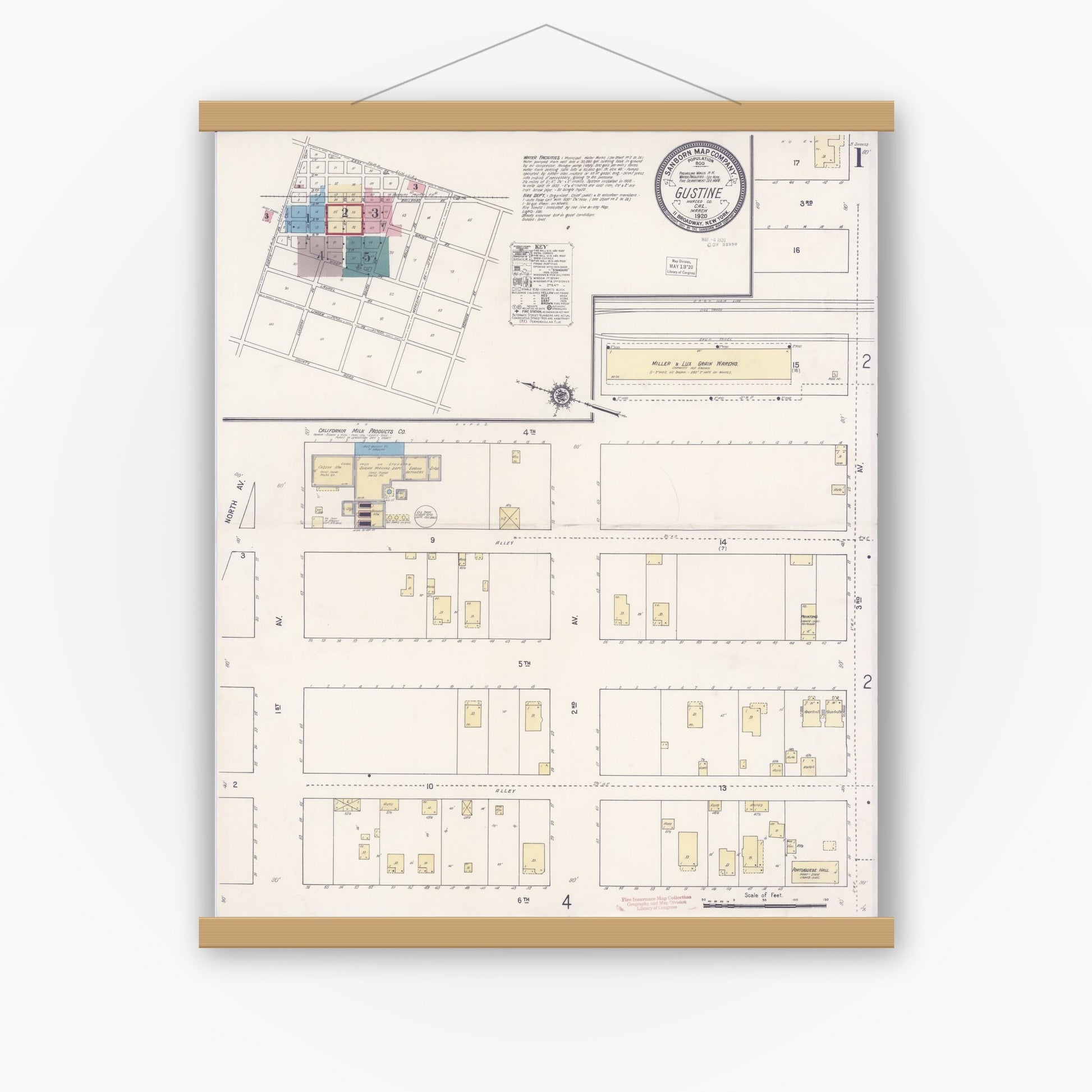 Old map wall art mockup — magnetic wood frame on white wall — Sanborn Fire Insurance Map from Gustine, Merced County, California (1920), Sheet #0001