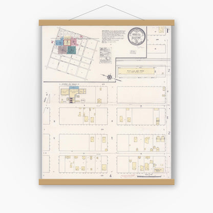 Old map wall art mockup — magnetic wood frame on white wall — Sanborn Fire Insurance Map from Gustine, Merced County, California (1920), Sheet #0001