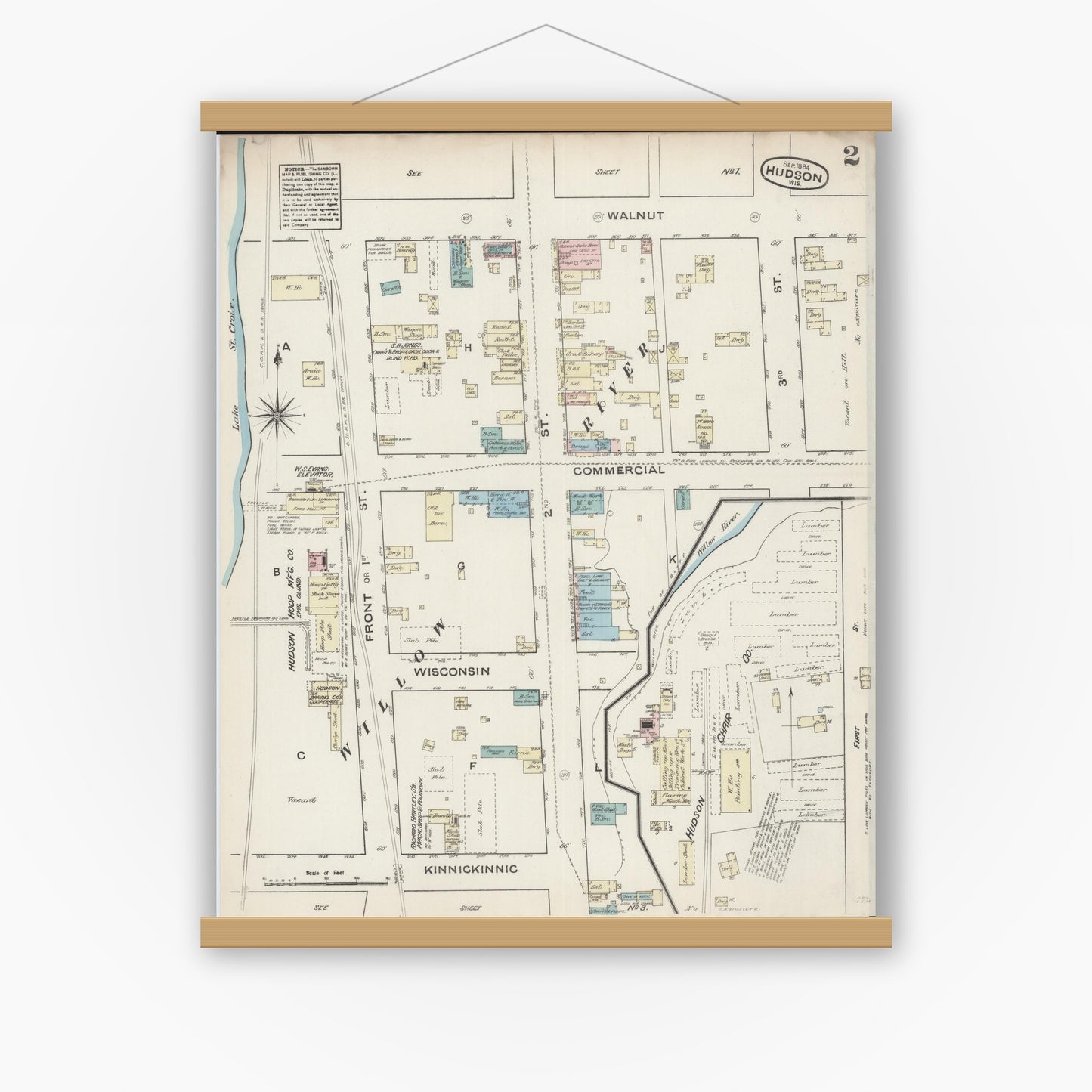 Old map wall art mockup — magnetic wood frame on white wall — Sanborn Fire Insurance Map from Hudson, St. Croix County, Wisconsin (1884), Sheet #0002