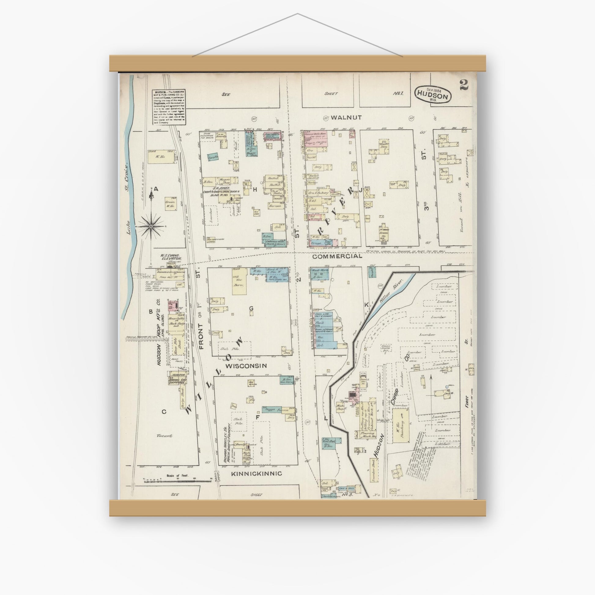 Old map wall art mockup — magnetic wood frame on white wall — Sanborn Fire Insurance Map from Hudson, St. Croix County, Wisconsin (1884), Sheet #0002
