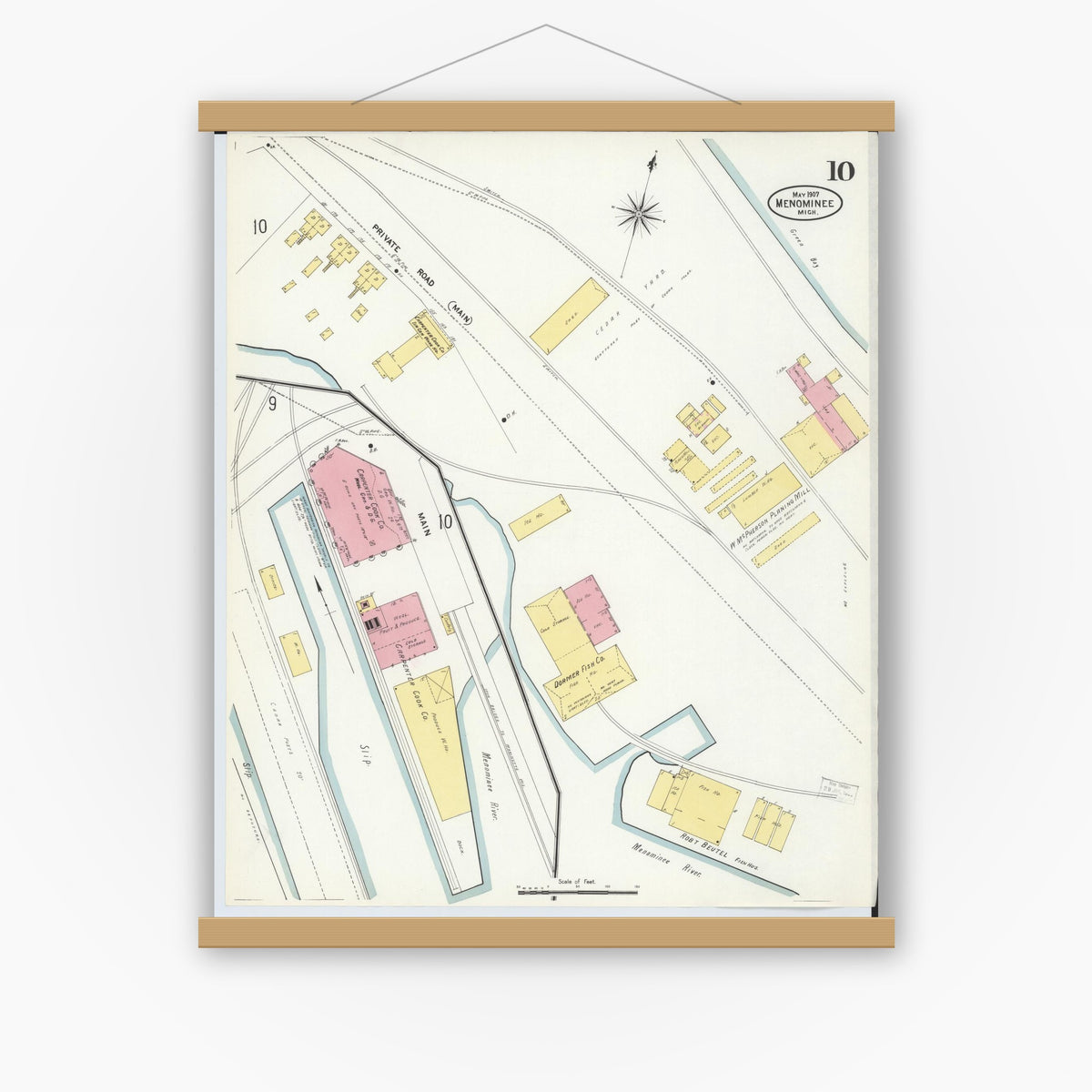 Old map wall art mockup — magnetic wood frame on white wall — Sanborn Fire Insurance Map from Menominee, Menominee County, Michigan (1907), Sheet #0010