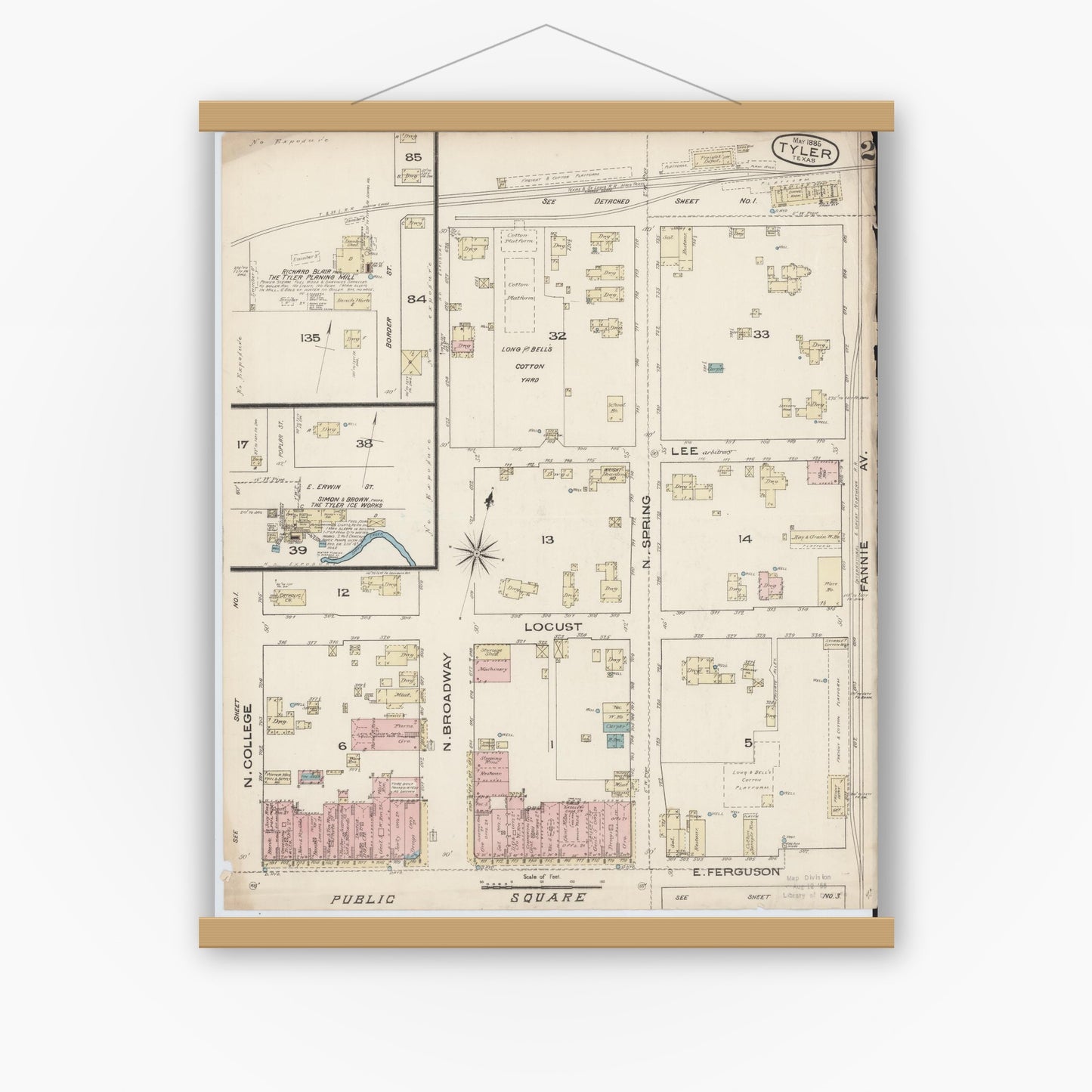 Old map wall art mockup — magnetic wood frame on white wall — Sanborn Fire Insurance Map from Tyler, Smith County, Texas (1885), Sheet #0002