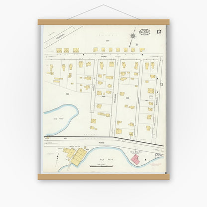 Old map wall art mockup — magnetic wood frame on white wall — Sanborn Fire Insurance Map from Natick, Middlesex County, Massachusetts (1915), Sheet #0012