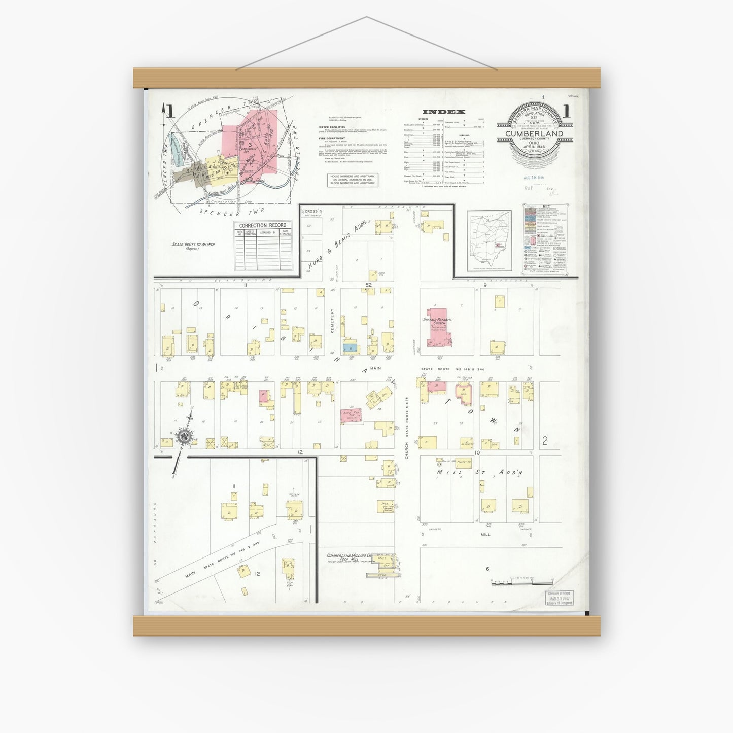 Old map wall art mockup — magnetic wood frame on white wall — Sanborn Fire Insurance Map from Cumberland, Guernsey County, Ohio (1946), Sheet #0001