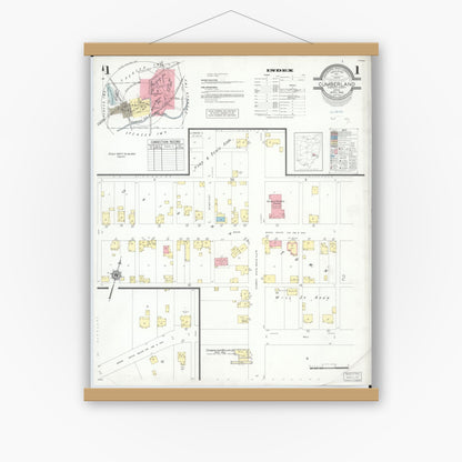 Old map wall art mockup — magnetic wood frame on white wall — Sanborn Fire Insurance Map from Cumberland, Guernsey County, Ohio (1946), Sheet #0001