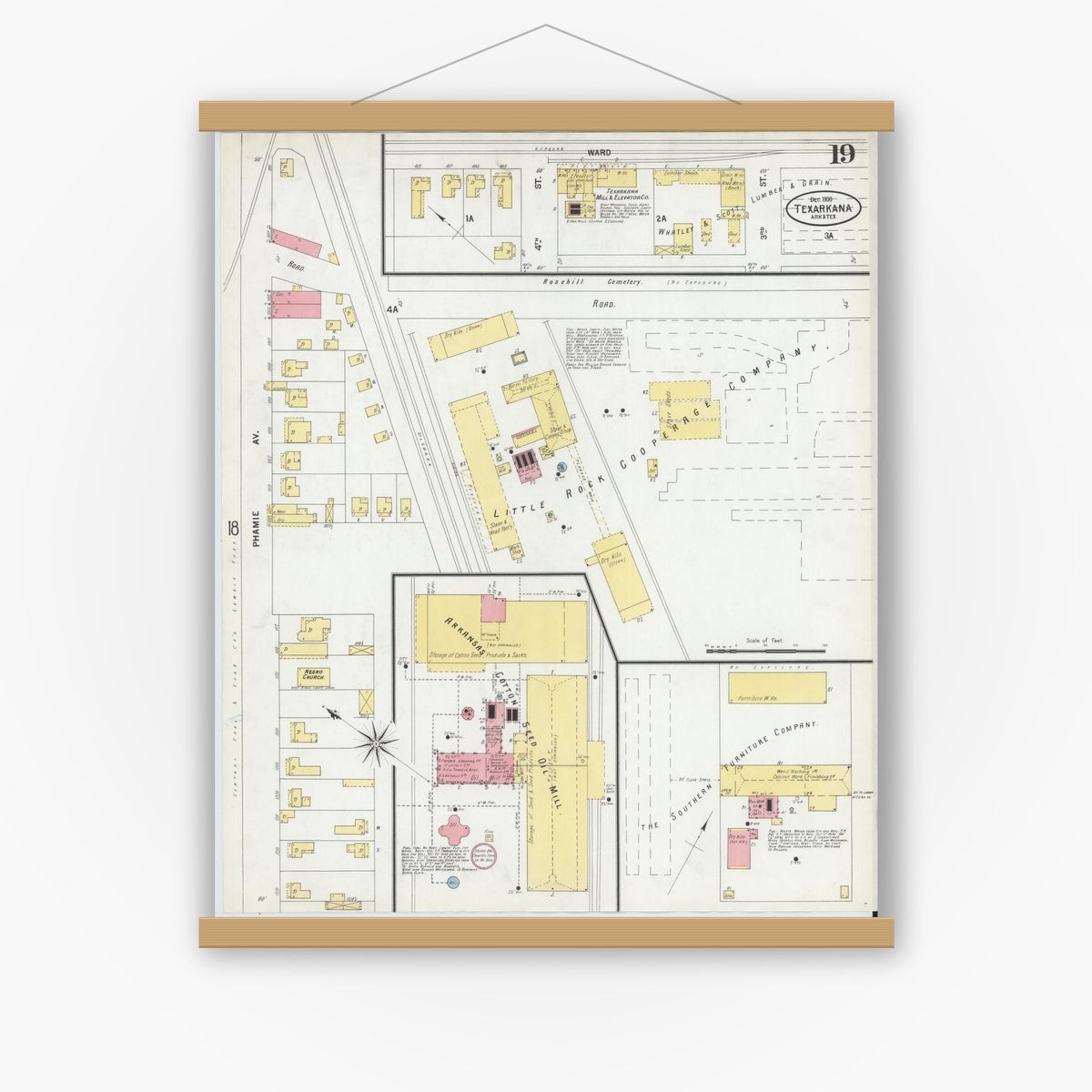 Old map wall art mockup — magnetic wood frame on white wall — Sanborn Fire Insurance Map from Texarkana, Bowie County, Texas (1900), Sheet #0019