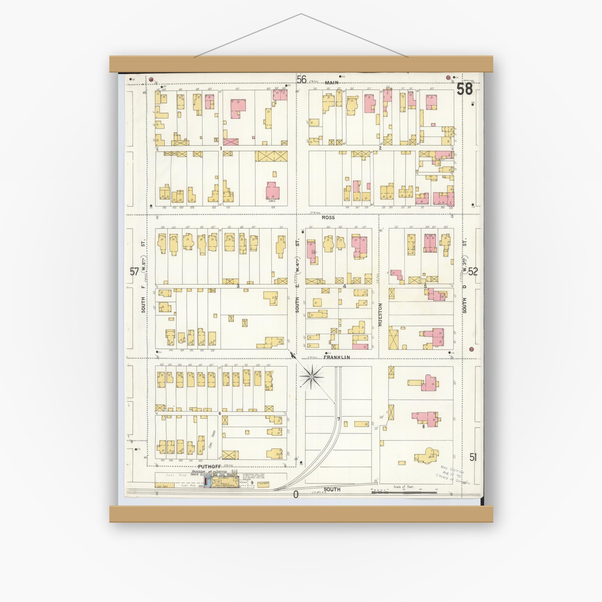 Old map wall art mockup — magnetic wood frame on white wall — Sanborn Fire Insurance Map from Hamilton, Butler County, Ohio (1899), Sheet #0058