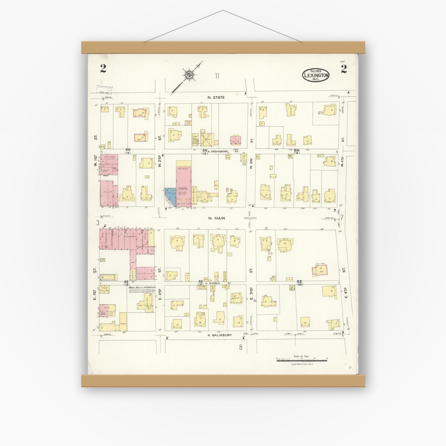 Old map wall art mockup — magnetic wood frame on white wall — Sanborn Fire Insurance Map from Lexington, Davidson County, North Carolina (1923), Sheet #0002