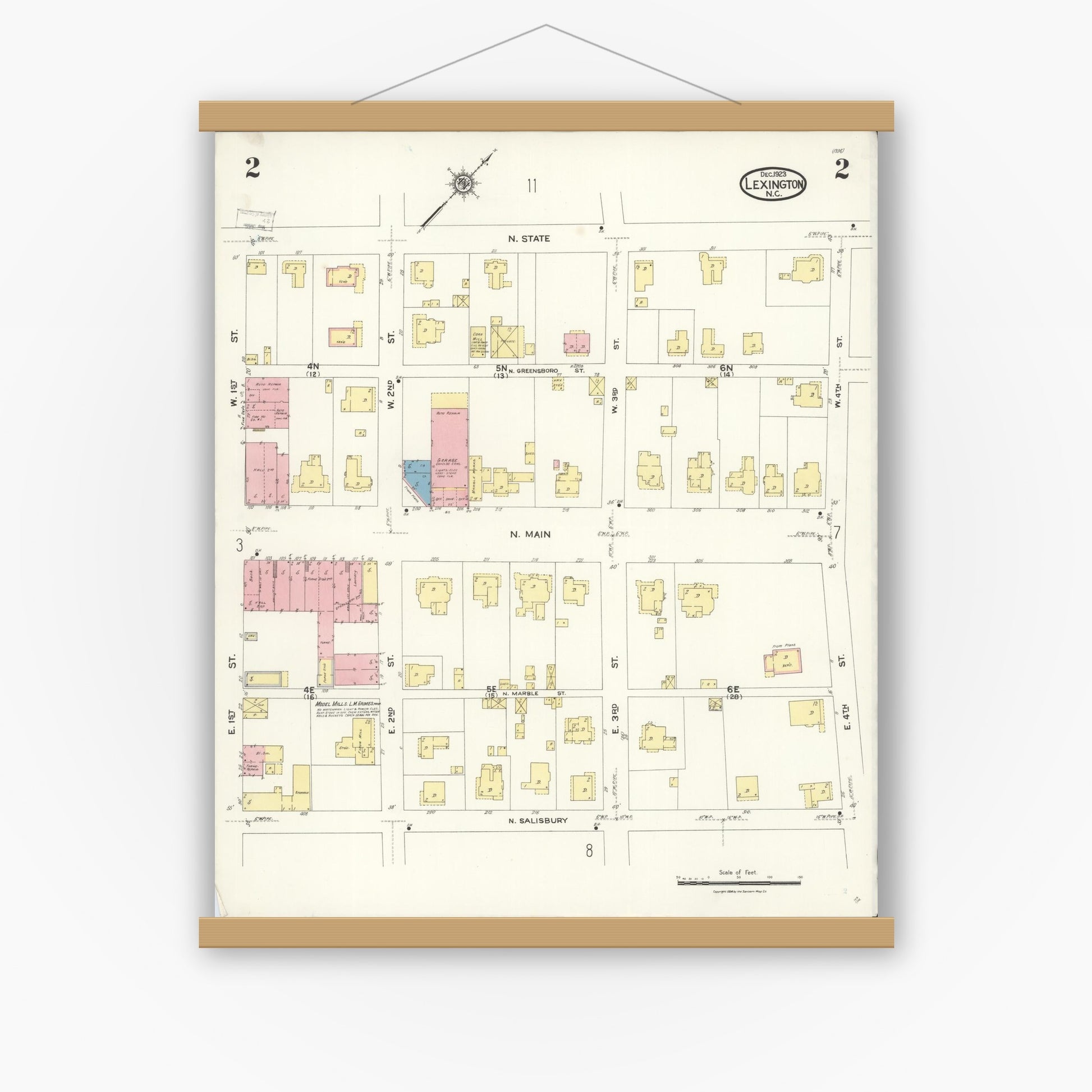 Old map wall art mockup — magnetic wood frame on white wall — Sanborn Fire Insurance Map from Lexington, Davidson County, North Carolina (1923), Sheet #0002