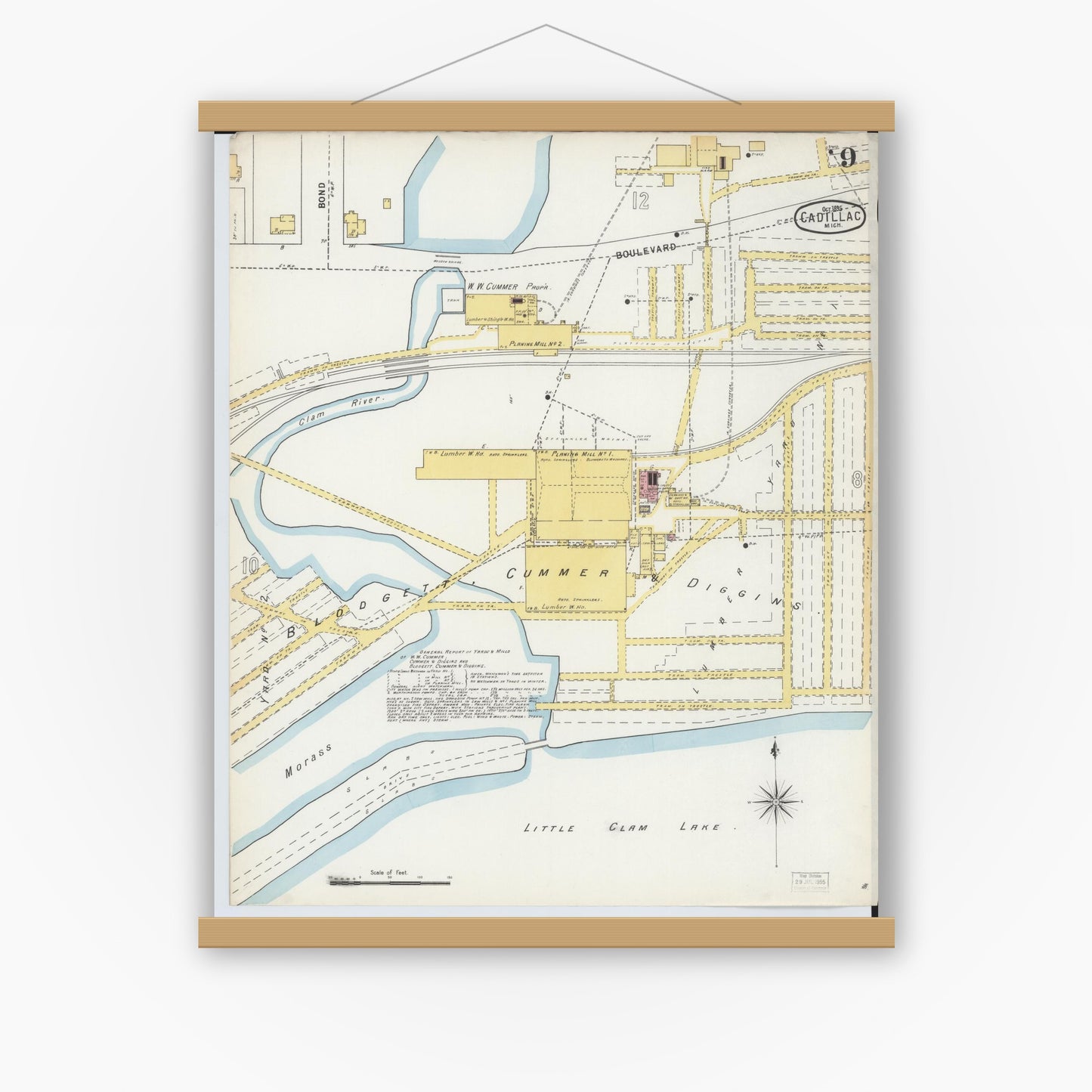 Old map wall art mockup — magnetic wood frame on white wall — Sanborn Fire Insurance Map from Cadillac, Wexford County, Michigan (1895), Sheet #0009