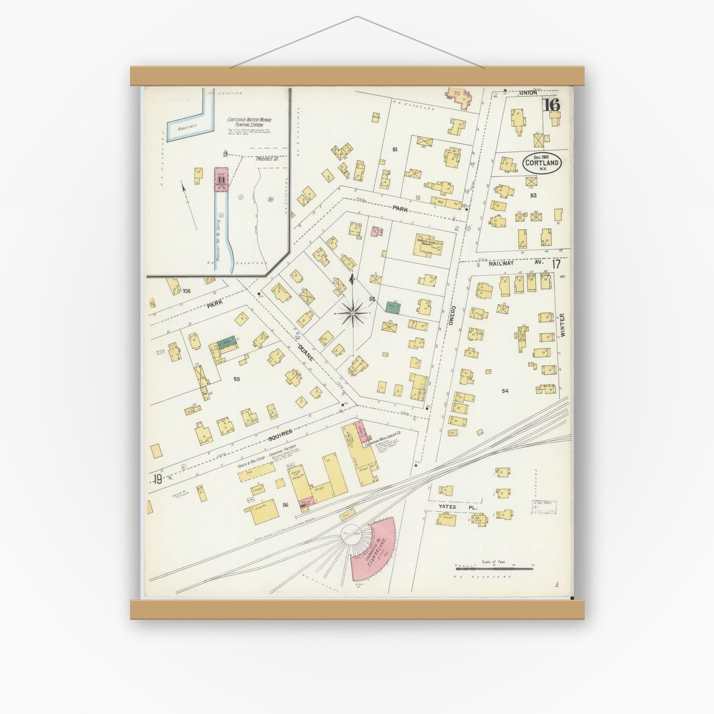 Old map wall art mockup — magnetic wood frame on white wall — Sanborn Fire Insurance Map from Cortland, Cortland County, New York (1902), Sheet #0016