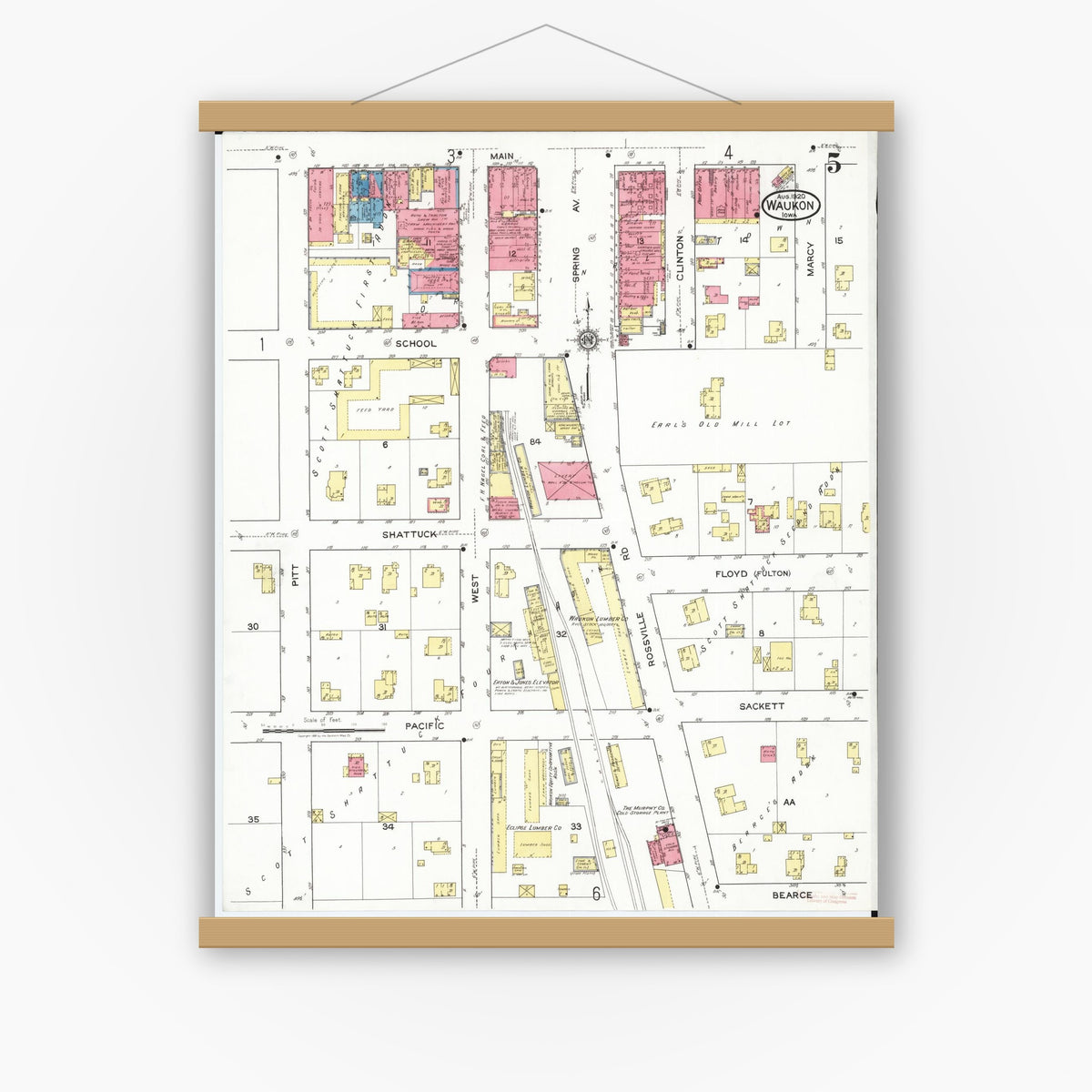 Old map wall art mockup — magnetic wood frame on white wall — Sanborn Fire Insurance Map from Waukon, Allamakee County, Iowa (1920), Sheet #0005