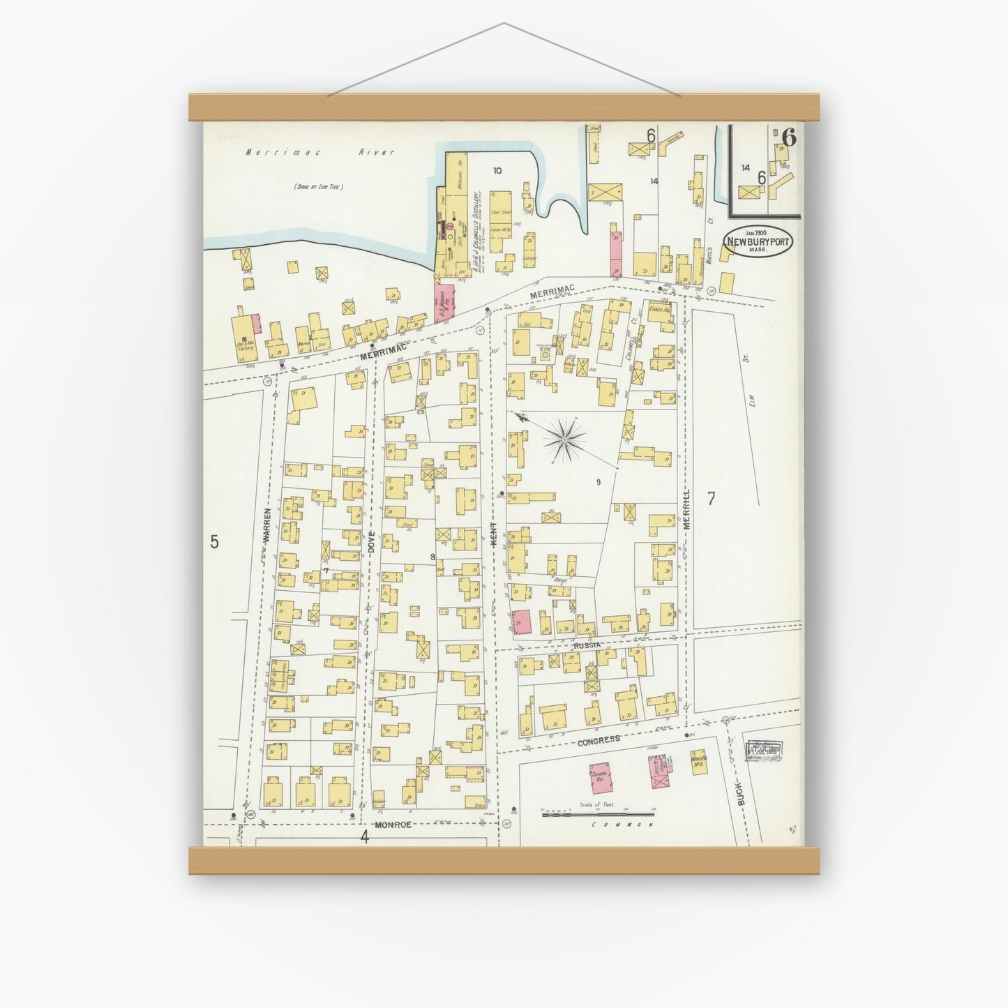 Old map wall art mockup — magnetic wood frame on white wall — Sanborn Fire Insurance Map from Newburyport, Essex County, Massachusetts (1900), Sheet #0006