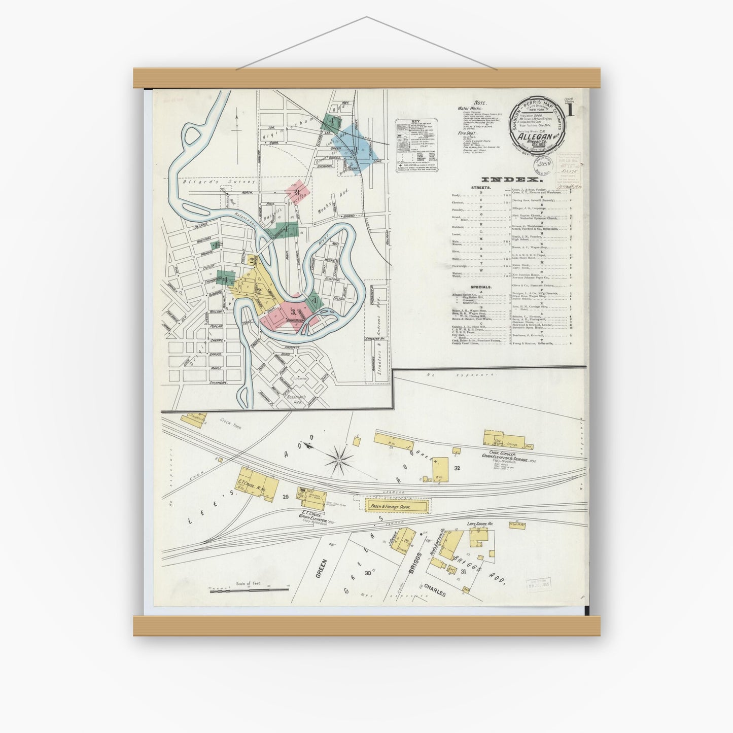 Old map wall art mockup — magnetic wood frame on white wall — Sanborn Fire Insurance Map from Allegan, Allegan County, Michigan (1899) - Complete Map Set