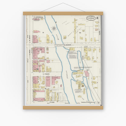 Old map wall art mockup — magnetic wood frame on white wall — Sanborn Fire Insurance Map from Elkhart, Elkhart County, Indiana (1889), Sheet #0003