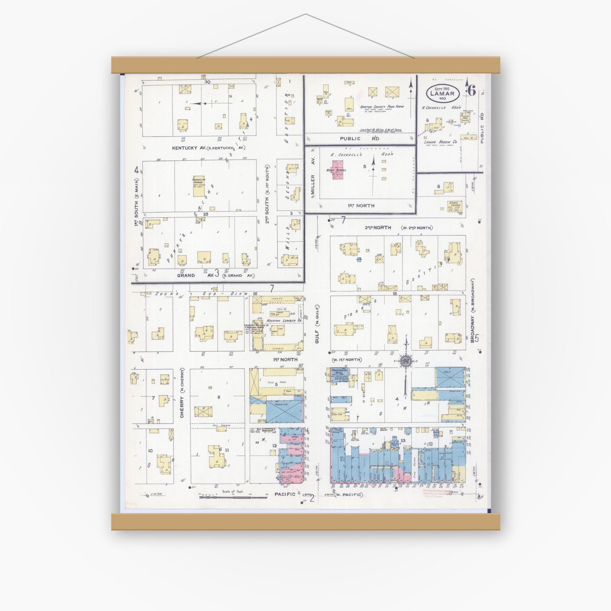 Old map wall art mockup — magnetic wood frame on white wall — Sanborn Fire Insurance Map from Lamar, Barton County, Missouri (1910), Sheet #0006