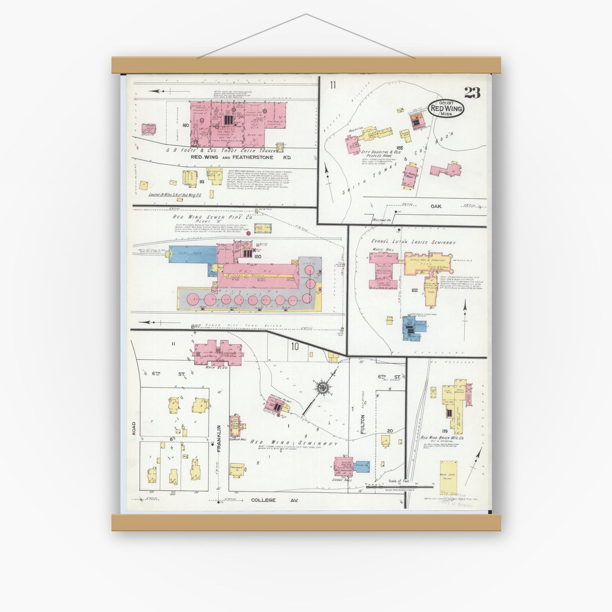Old map wall art mockup — magnetic wood frame on white wall — Sanborn Fire Insurance Map from Red Wing, Goodhue County, Minnesota (1917), Sheet #0023