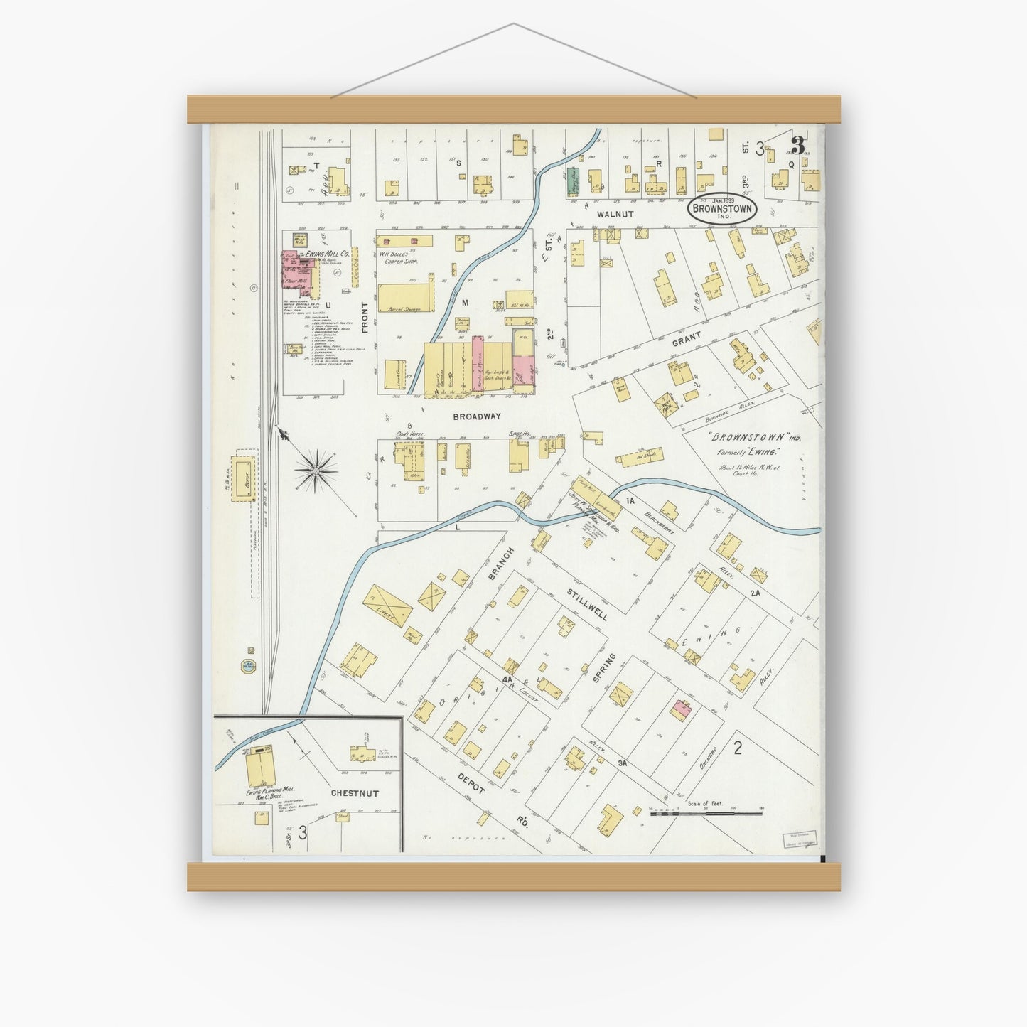Old map wall art mockup — magnetic wood frame on white wall — Sanborn Fire Insurance Map from Brownstown, Jackson County, Indiana (1899), Sheet #0003
