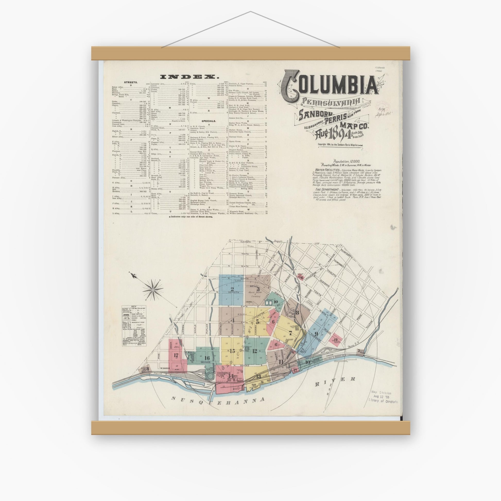 Old map wall art mockup — magnetic wood frame on white wall — Sanborn Fire Insurance Map from Columbia, Lancaster County, Pennsylvania (1894) - Complete Map Set