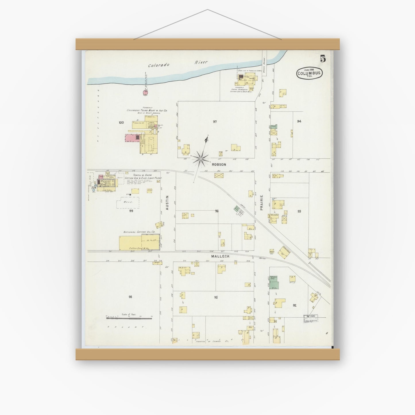 Old map wall art mockup — magnetic wood frame on white wall — Sanborn Fire Insurance Map from Columbus, Colorado County, Texas (1896), Sheet #0005