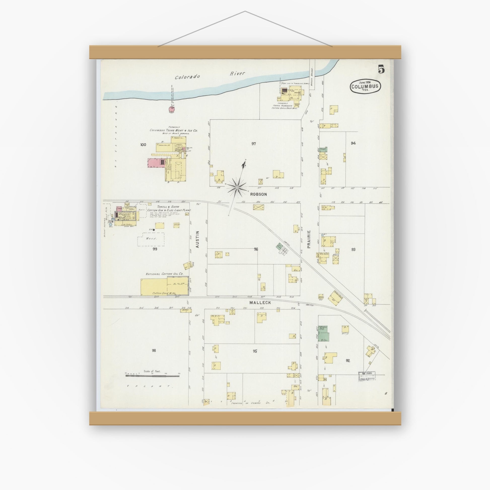 Old map wall art mockup — magnetic wood frame on white wall — Sanborn Fire Insurance Map from Columbus, Colorado County, Texas (1896), Sheet #0005