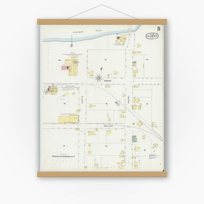 Old map wall art mockup — magnetic wood frame on white wall — Sanborn Fire Insurance Map from Columbus, Colorado County, Texas (1896), Sheet #0005
