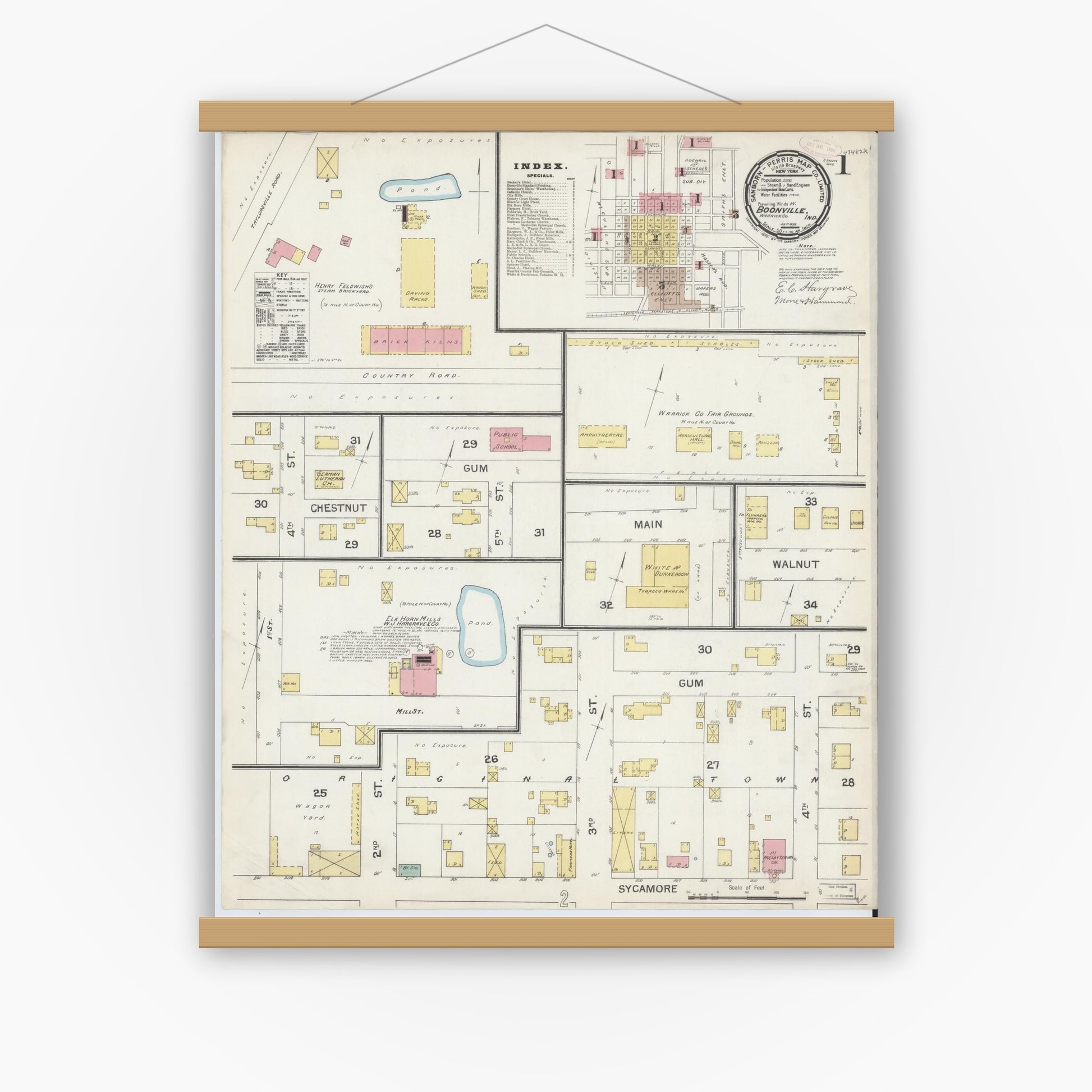 Old map wall art mockup — magnetic wood frame on white wall — Sanborn Fire Insurance Map from Boonville, Warrick County, Indiana (1892) - Complete Map Set