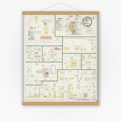 Old map wall art mockup — magnetic wood frame on white wall — Sanborn Fire Insurance Map from Boonville, Warrick County, Indiana (1892) - Complete Map Set