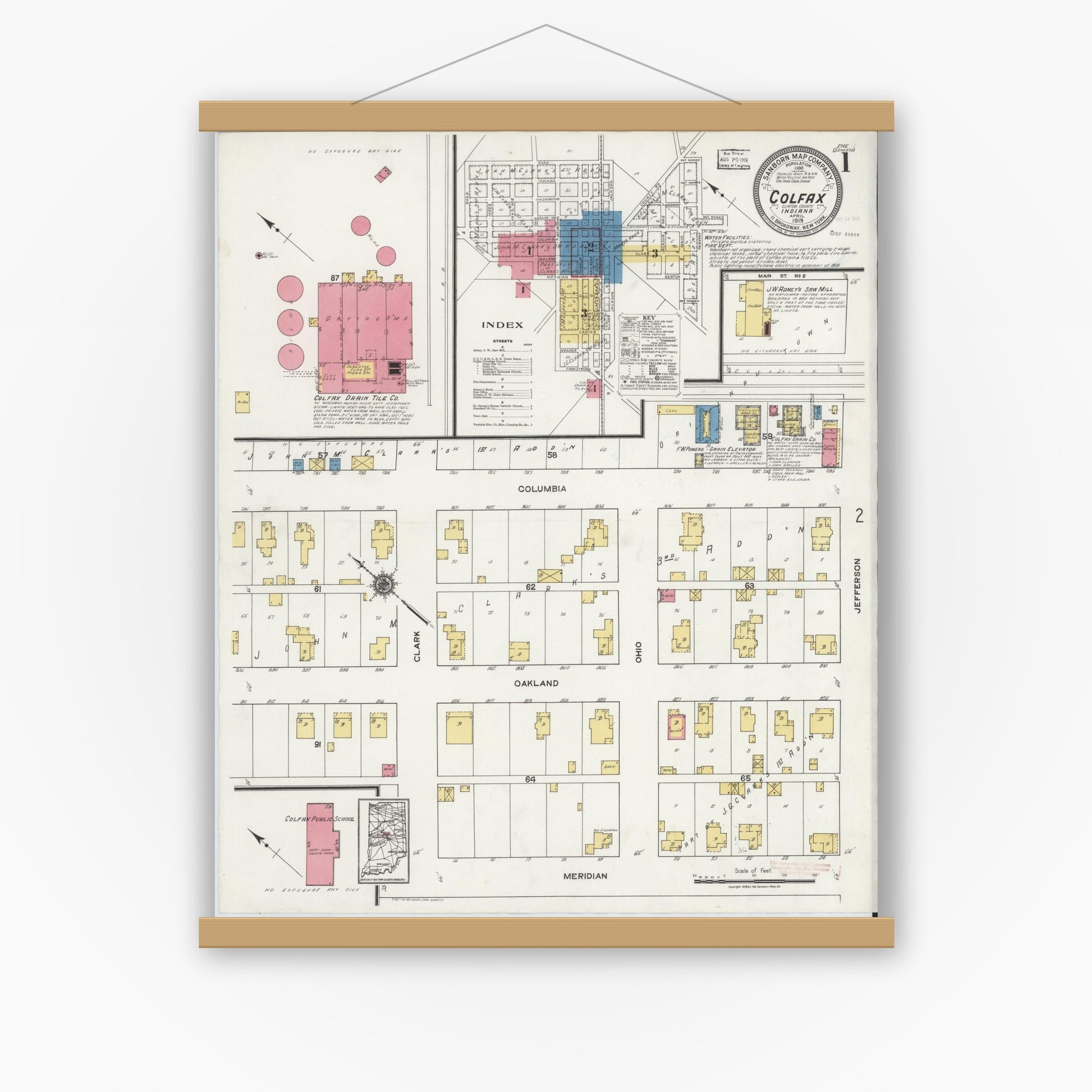 Old map wall art mockup — magnetic wood frame on white wall — Sanborn Fire Insurance Map from Colfax, Clinton County, Indiana (1919) - Complete Map Set