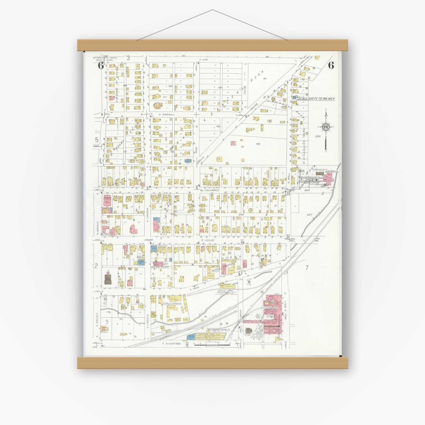 Old map wall art mockup — magnetic wood frame on white wall — Sanborn Fire Insurance Map from Wilmington, Clinton County, Ohio (1933), Sheet #0006