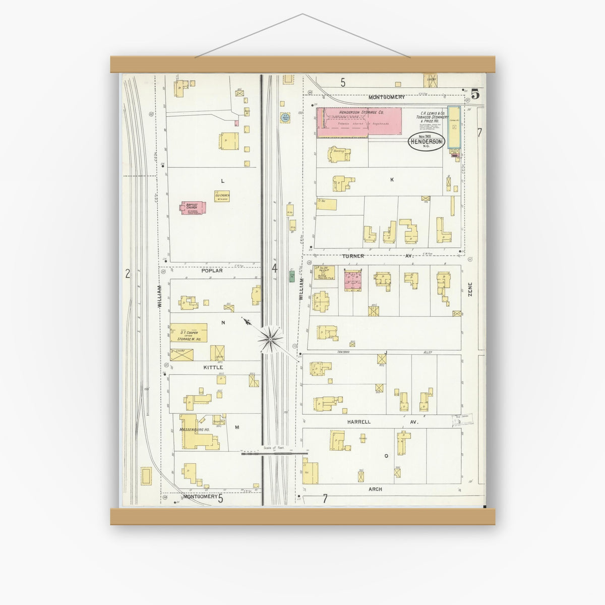 Old map wall art mockup — magnetic wood frame on white wall — Sanborn Fire Insurance Map from Henderson, Vance County, North Carolina (1901), Sheet #0005