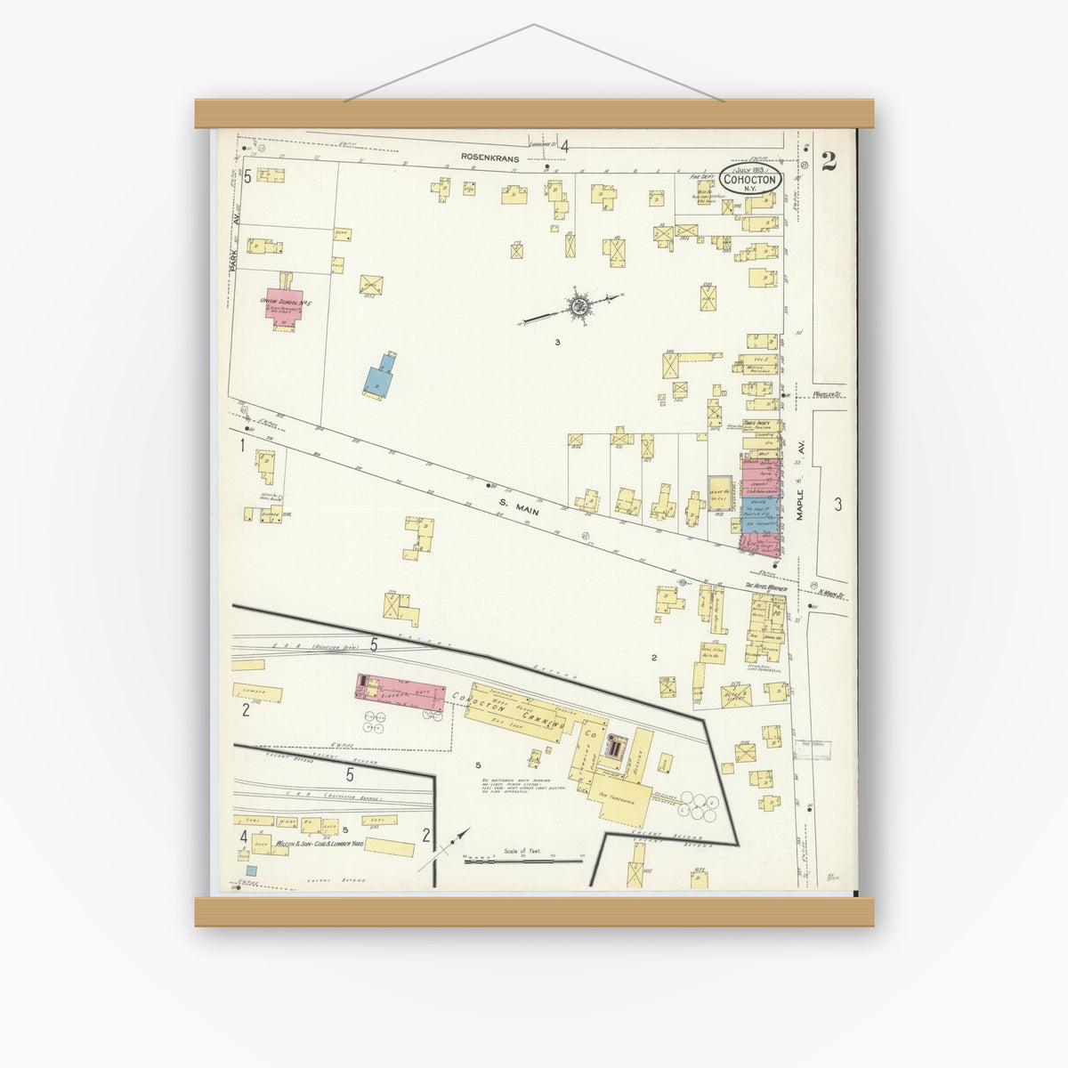 Old map wall art mockup — magnetic wood frame on white wall — Sanborn Fire Insurance Map from Cohocton, Steuben County, New York (1913), Sheet #0002