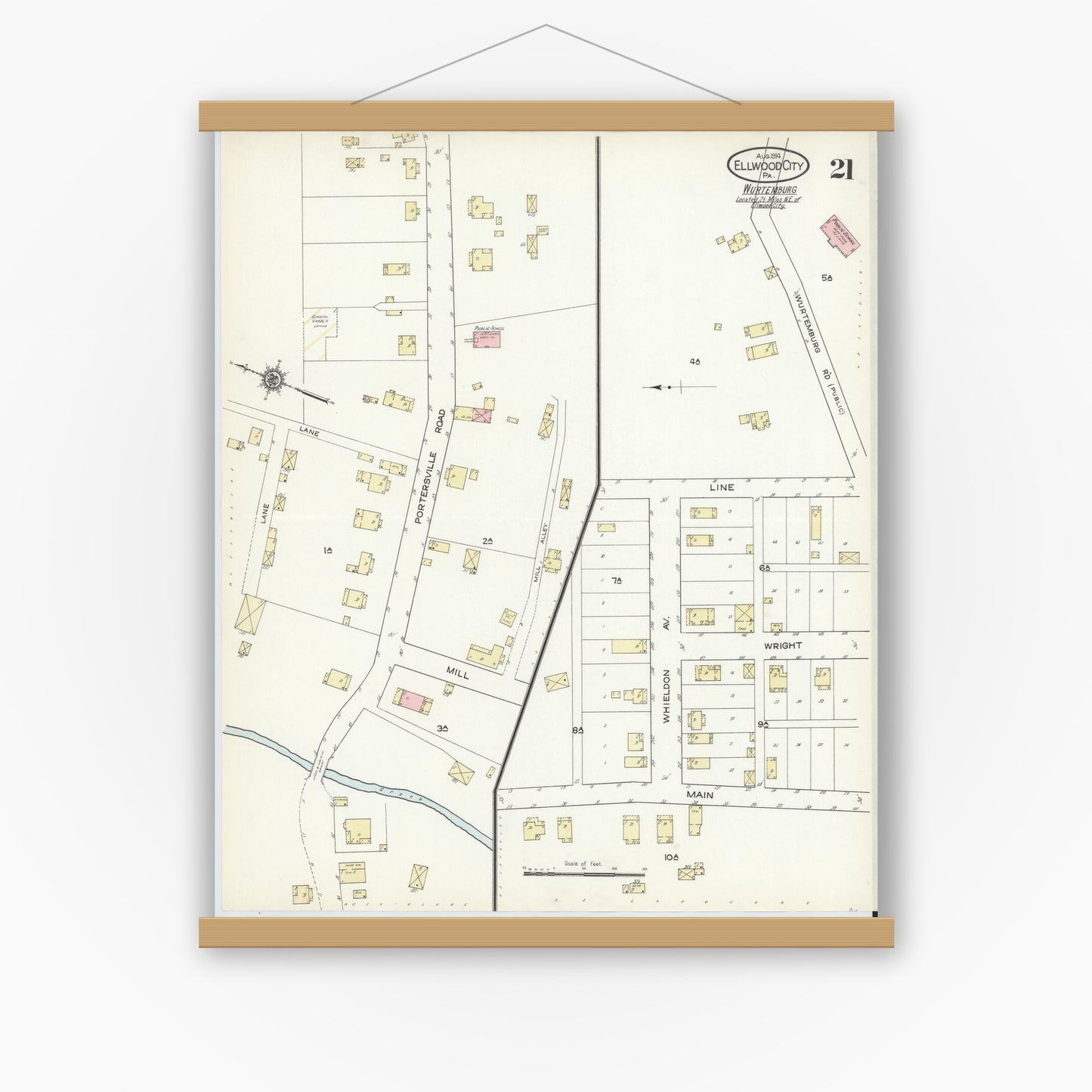 Old map wall art mockup — magnetic wood frame on white wall — Sanborn Fire Insurance Map from Ellwood City, Lawrence County, Pennsylvania (1914), Sheet #0021