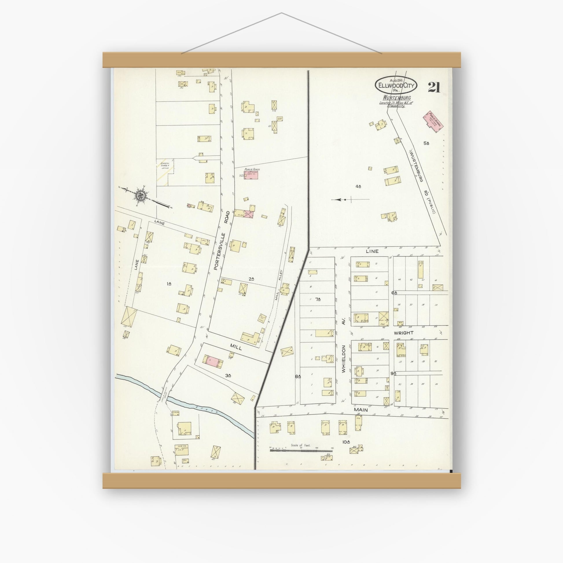 Old map wall art mockup — magnetic wood frame on white wall — Sanborn Fire Insurance Map from Ellwood City, Lawrence County, Pennsylvania (1914), Sheet #0021