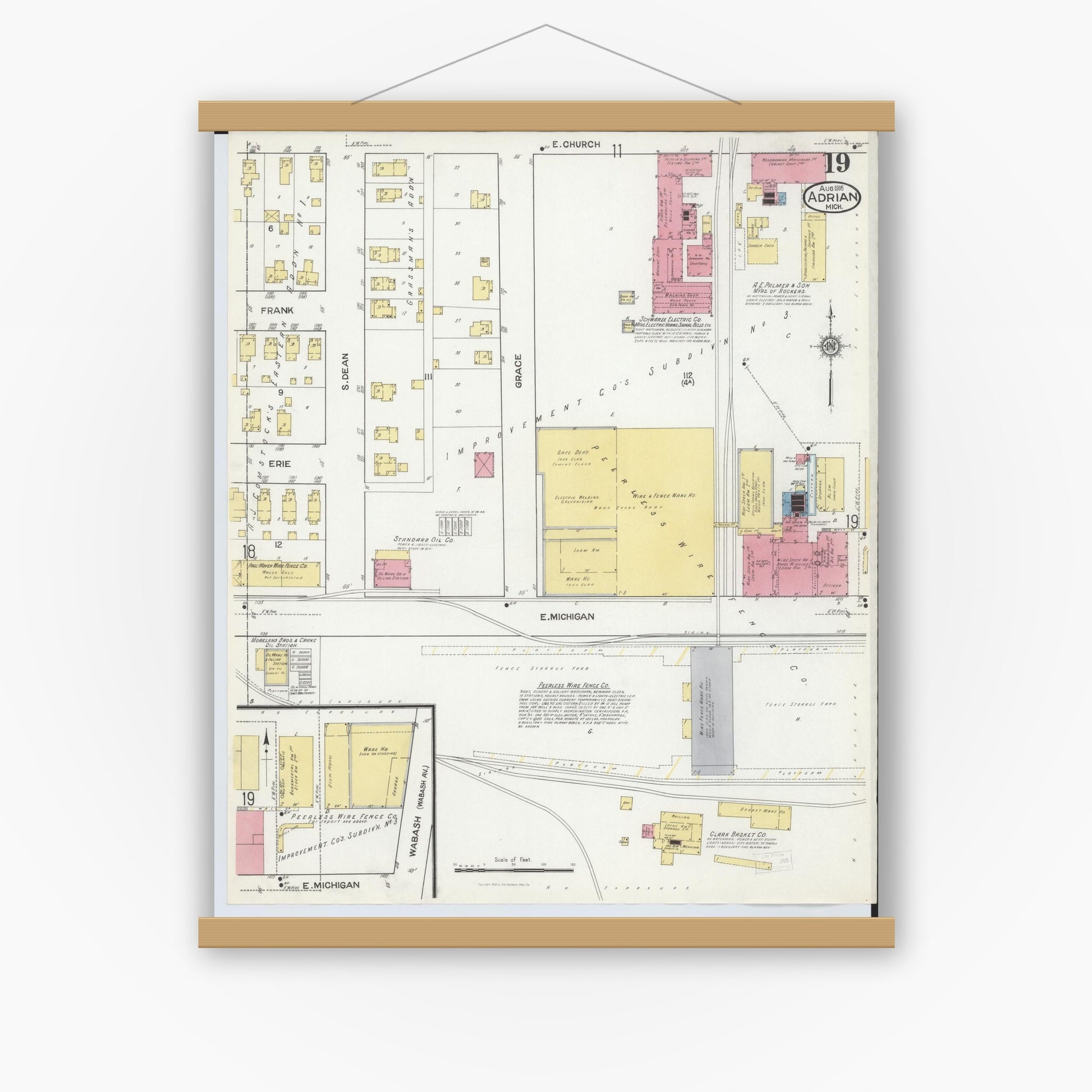 Old map wall art mockup — magnetic wood frame on white wall — Sanborn Fire Insurance Map from Adrian, Lenawee County, Michigan (1916), Sheet #0019