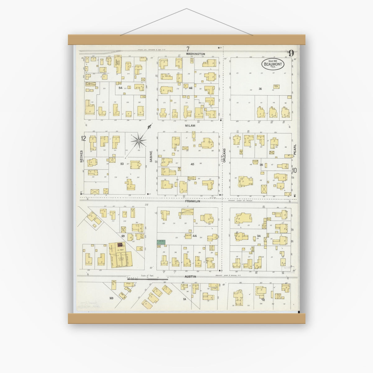 Old map wall art mockup — magnetic wood frame on white wall — Sanborn Fire Insurance Map from Beaumont, Jefferson County, Texas (1902), Sheet #0009
