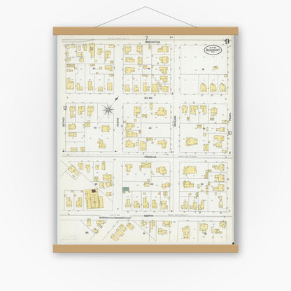 Old map wall art mockup — magnetic wood frame on white wall — Sanborn Fire Insurance Map from Beaumont, Jefferson County, Texas (1902), Sheet #0009