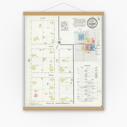 Old map wall art mockup — magnetic wood frame on white wall — Sanborn Fire Insurance Map from Columbus, Colorado County, Texas (1912) - Complete Map Set