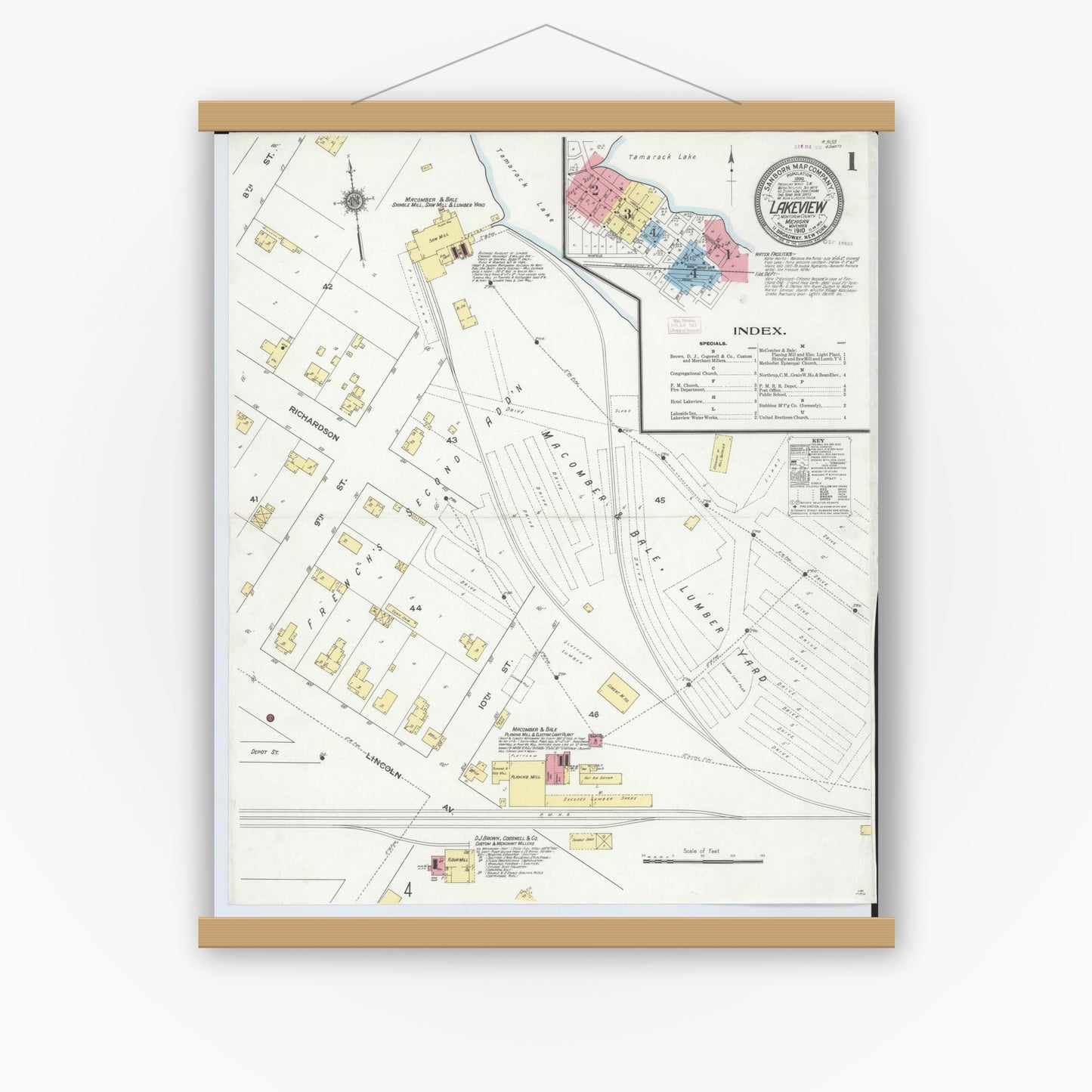 Old map wall art mockup — magnetic wood frame on white wall — Sanborn Fire Insurance Map from Lakeview, Montcalm County, Michigan (1910) - Complete Map Set