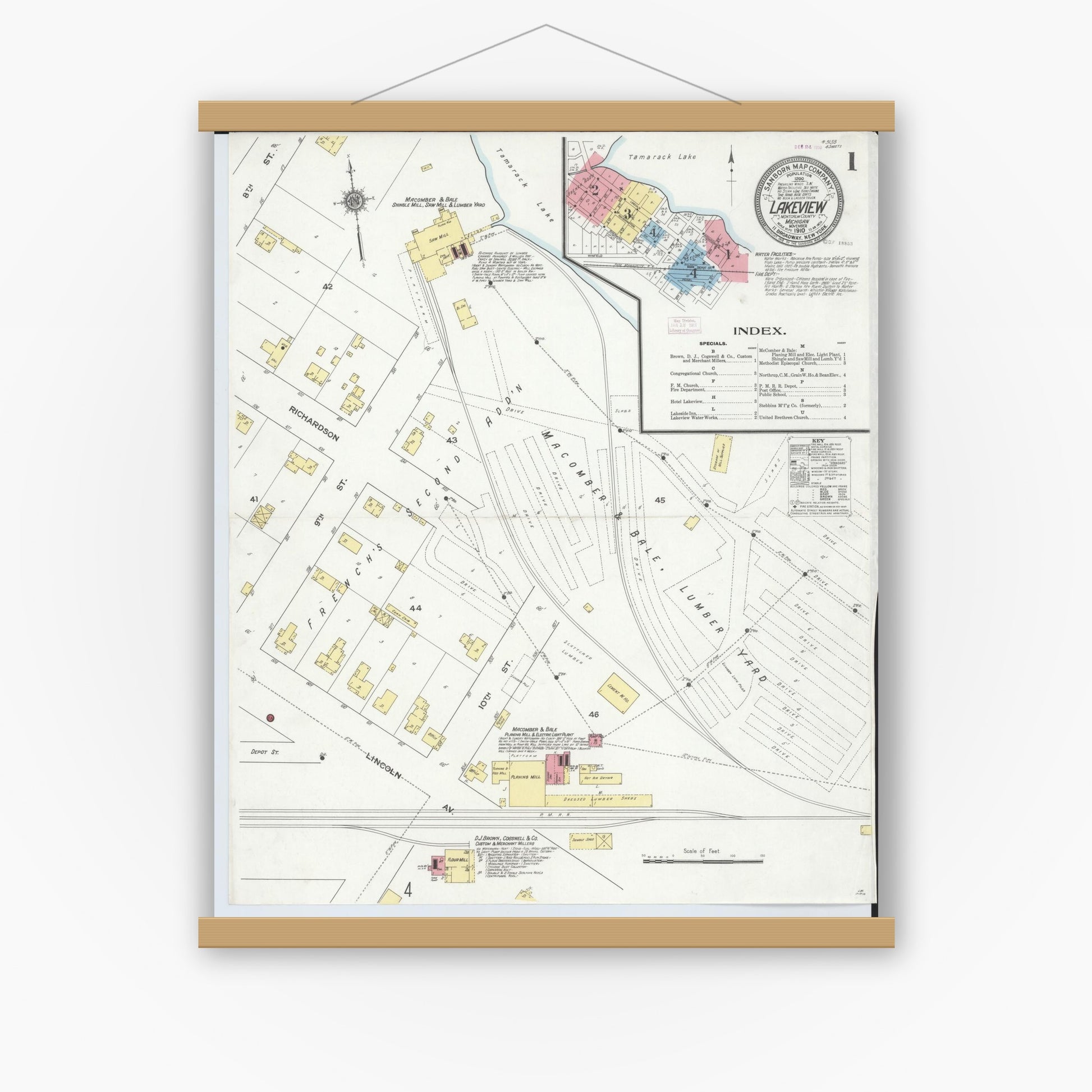 Old map wall art mockup — magnetic wood frame on white wall — Sanborn Fire Insurance Map from Lakeview, Montcalm County, Michigan (1910) - Complete Map Set