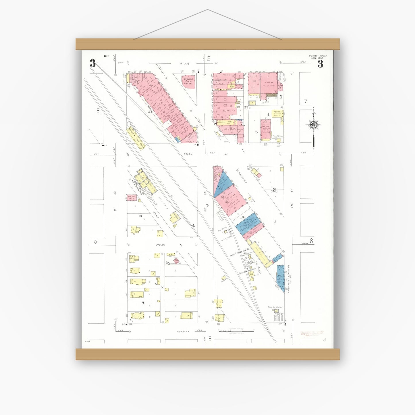 Old map wall art mockup — magnetic wood frame on white wall — Sanborn Fire Insurance Map from Perry, Dallas County, Iowa (1933), Sheet #0003