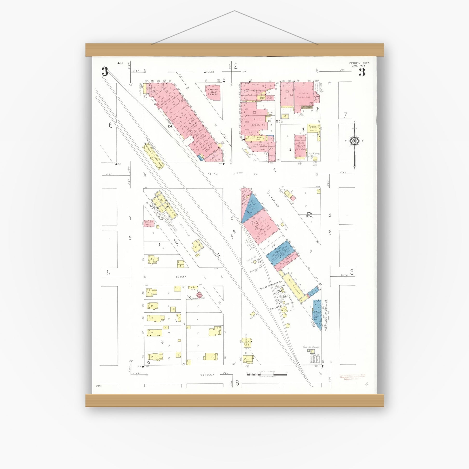 Old map wall art mockup — magnetic wood frame on white wall — Sanborn Fire Insurance Map from Perry, Dallas County, Iowa (1933), Sheet #0003