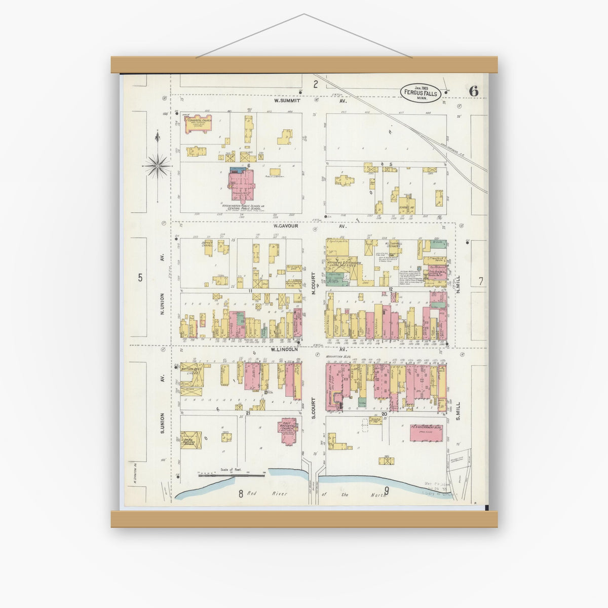 Old map wall art mockup — magnetic wood frame on white wall — Sanborn Fire Insurance Map from Fergus Falls, Otter Tail County, Minnesota (1903), Sheet #0006