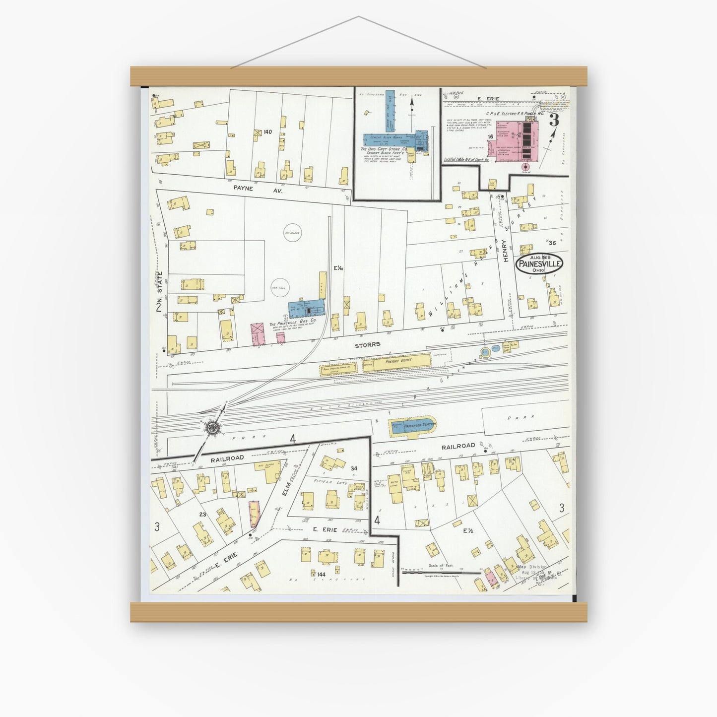 Old map wall art mockup — magnetic wood frame on white wall — Sanborn Fire Insurance Map from Painesville, Lake County, Ohio (1919), Sheet #0003