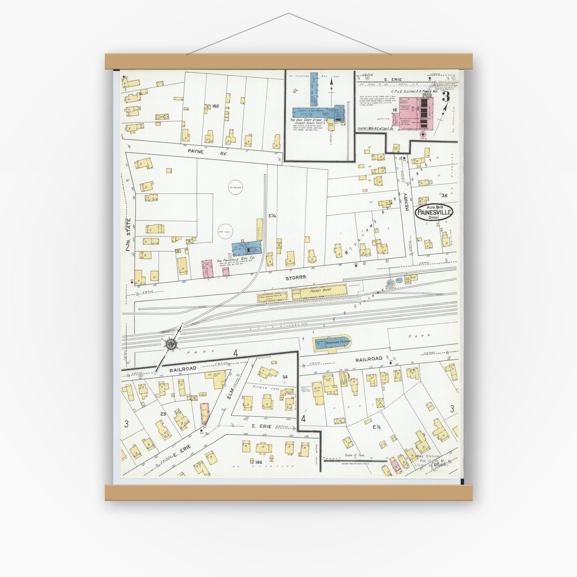 Old map wall art mockup — magnetic wood frame on white wall — Sanborn Fire Insurance Map from Painesville, Lake County, Ohio (1919), Sheet #0003